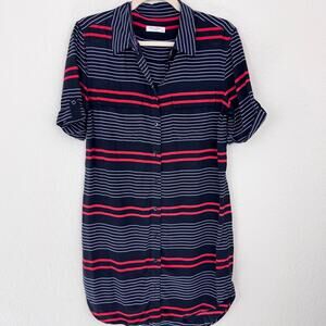 Equipment Womens Mini Shirt Dress Size M 100% Silk Stripe Button Flowy Blue
